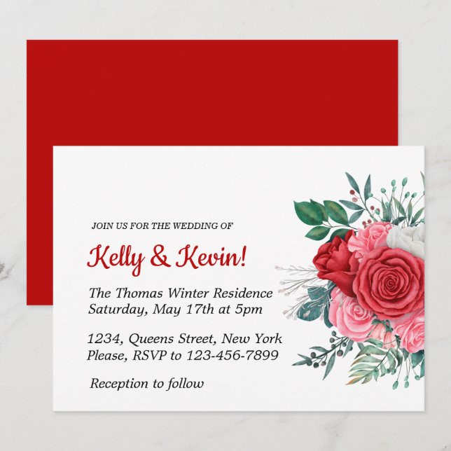 Invitación Boda de color rojo rosa (Anverso / Reverso)