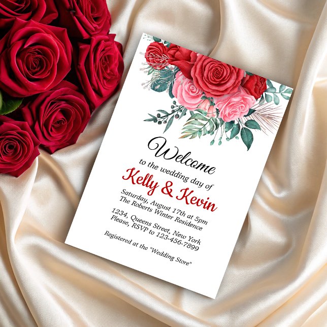 Invitación Boda de color rojo rosa (Red Rose Watercolor Wedding Invitation)