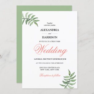Invitación Boda de color verde coral botánico moderno