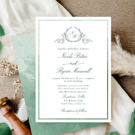 Invitación Boda de color verde monograma clásico