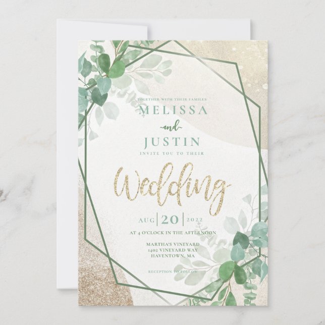 Invitación Boda de color verde y dorado (Anverso)