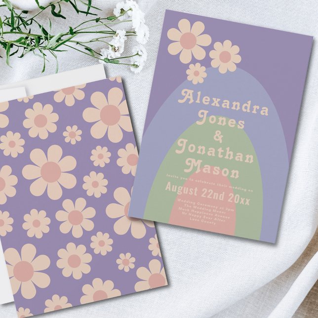 Invitación Boda de colores Groovy Pastel Retro 70 (Retro 70s vintage daisy arch pastel wedding invitation )