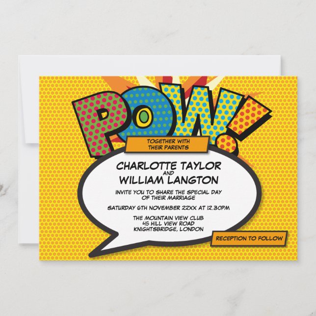 Invitación Boda de cómic divertido tipográfico moderno (Anverso)