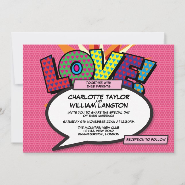 Invitación Boda de Cómic Rosa Diversión Moderna (Anverso)
