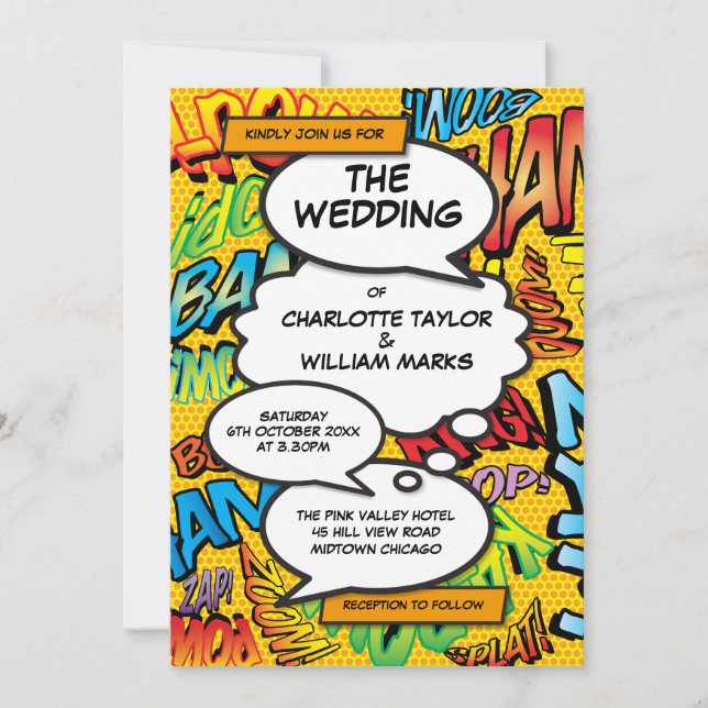 Invitación Boda de Cómic Tipográfico Actual y Divertido (Anverso)