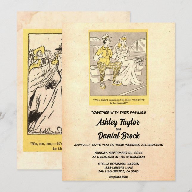 Invitación Boda de cómics de parejas divertidas y retro vinta (Anverso / Reverso)