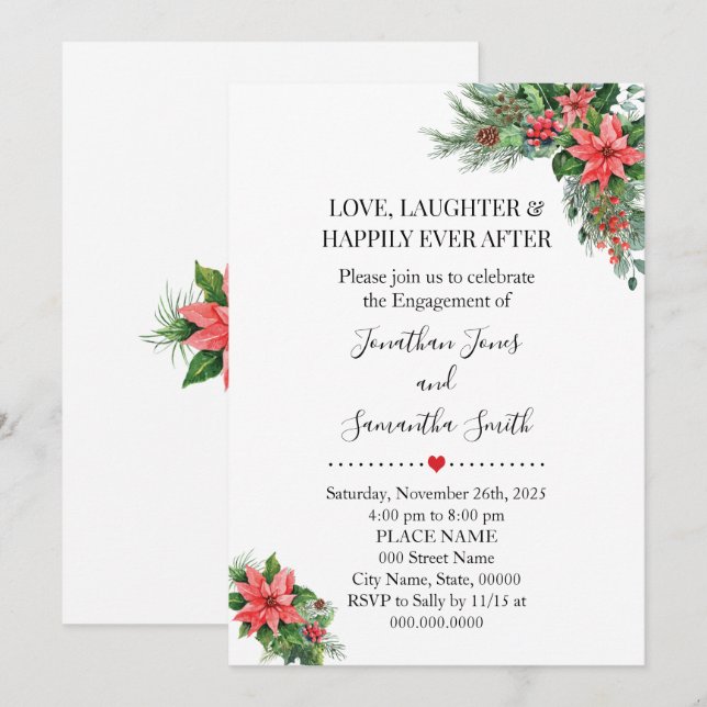 Invitación Boda de compromiso de navidades de Holiday Poinset (Anverso / Reverso)