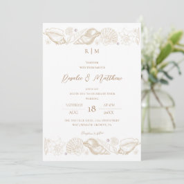 Invitación Boda de concha de playa elegante en blanco y dorad