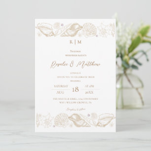 Invitación Boda de concha de playa elegante en blanco y dorad