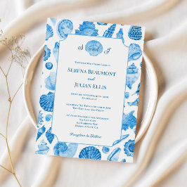 Invitación Boda de concha marina azul aciano costero
