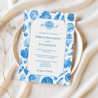 Invitación Boda de concha marina azul aciano costero