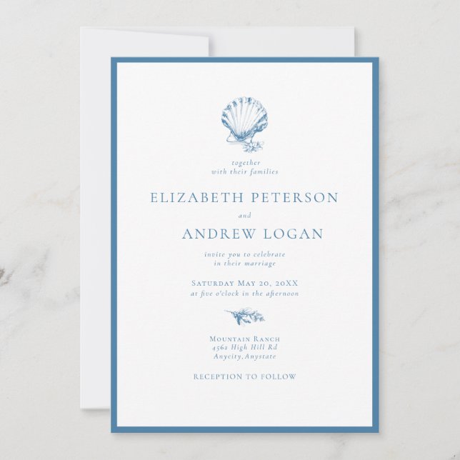 Invitación Boda de concha marina azul océano (Anverso)