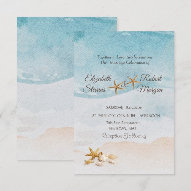 Invitación Boda de conchas de playa de acuarela  (Anverso / Reverso)
