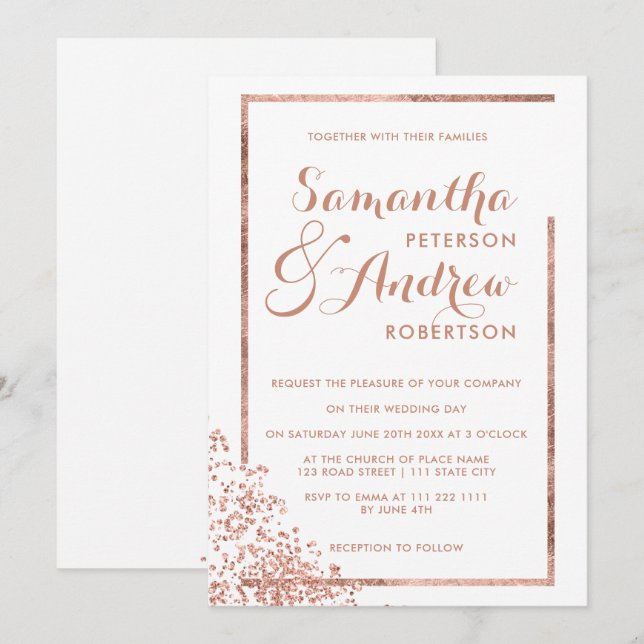 Invitación Boda de confeti blanco de marco dorado rosa modern (Anverso / Reverso)