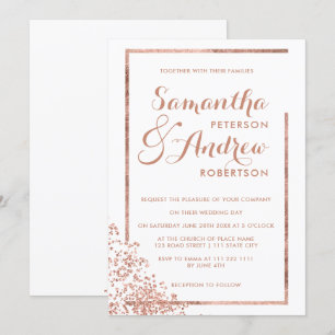 Invitación Boda de confeti blanco de marco dorado rosa modern