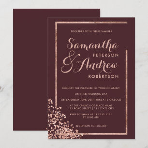 Invitación Boda de confeti burgundy con marco de oro Rosa