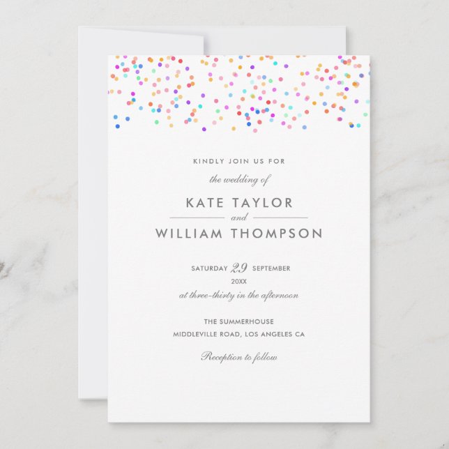 Invitación Boda de Confeti de Arcoíris Moderno (Anverso)