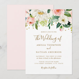 Invitación Boda de Confeti de Oro Rosa Floral Melocotón
