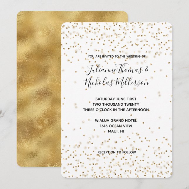 Invitación Boda de confeti de purpurina de oro blanco   (Anverso / Reverso)