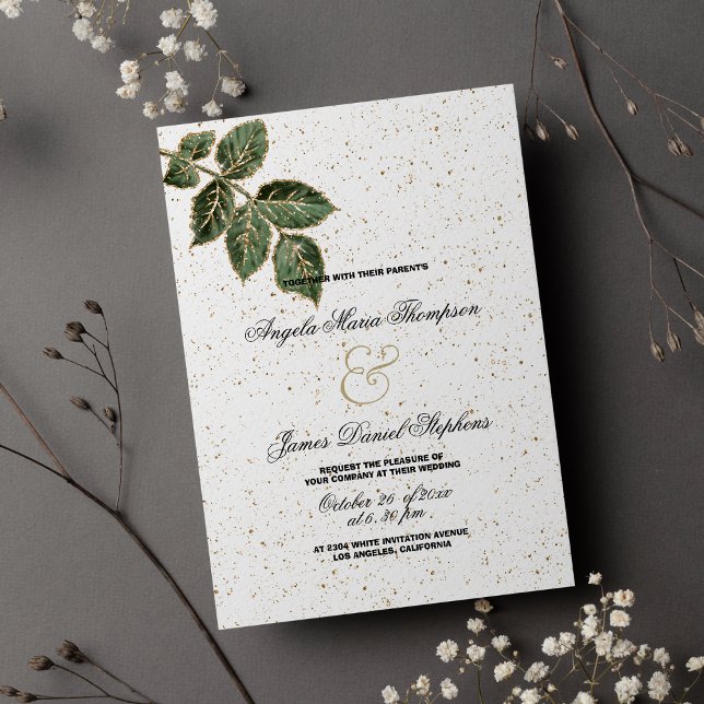 Invitación Boda de confeti de purpurina de oro verde blanco (White green gold glitter leaf confetti wedding)