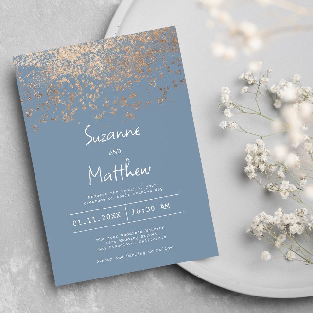 Invitación Boda de confeti dorado de rosa azul polvoriento de (Luxury dusty blue rose gold confetti wedding)