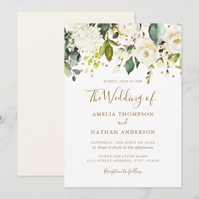 Invitación Boda de confeti dorado floral blanco (Anverso / Reverso)