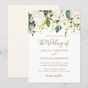Invitación Boda de confeti dorado floral blanco