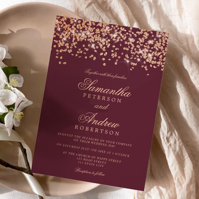 Invitación Boda de confeti dorado rosa rojo clásico (Classic red burgundy rose gold confetti wedding invitation)