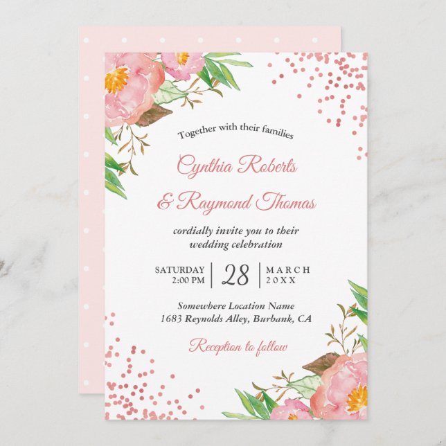 Invitación Boda de Confeti Floral Rosa de Elegante Primavera (Anverso / Reverso)