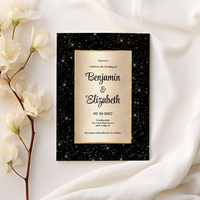Invitación Boda de confeti purpurina de oro negro elegante (Elegant black gold glitter confetti Wedding)
