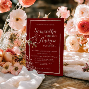 Invitación Boda de confeti rojo con marco de oro rosa moderno