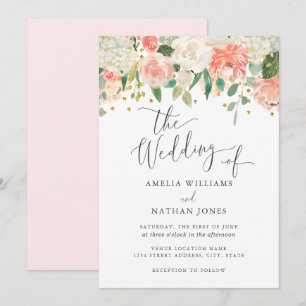 Invitación Boda de confeti rosa floral dorado