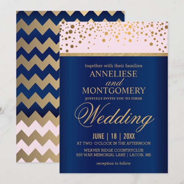 Invitación Boda de Confetti Azul, Rosa y Oro de la Marina (Anverso / Reverso)