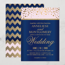 Invitación Boda de Confetti Azul, Rosa y Oro de la Marina