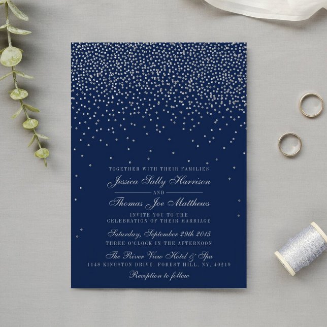 Invitación Boda de Confetti Azul y Glam Plata de Marina (Subido por el creador)