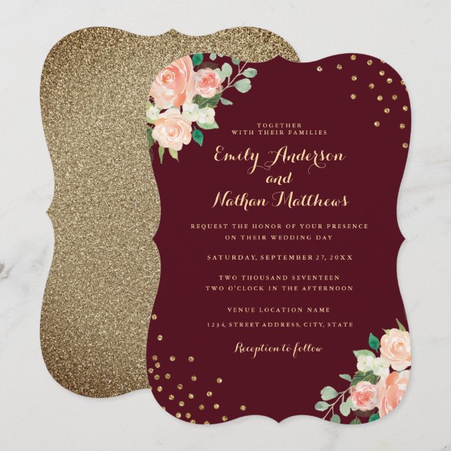 Invitación Boda de Confetti con Floral de Oro de Borgoña (Anverso / Reverso)