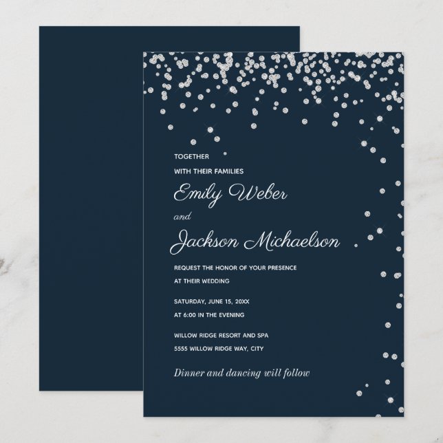 Invitación Boda de confetti de diamantes de plata azul de la  (Anverso / Reverso)
