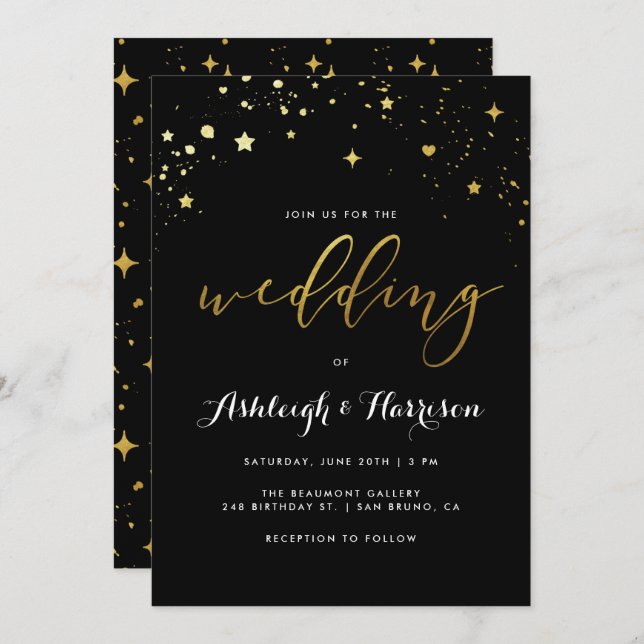 Invitación Boda de Confetti de estrella clásica negra y dorad (Anverso / Reverso)