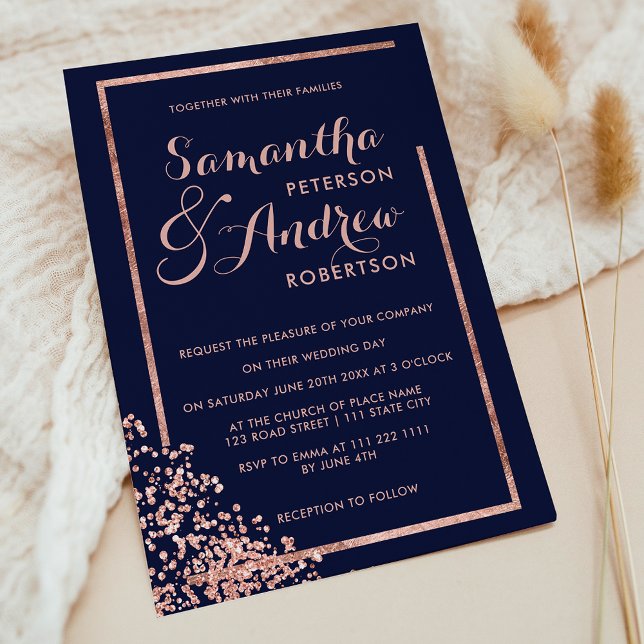Invitación Boda de confetti de la marina de marco dorado rosa (Modern rose gold frame navy confetti wedding invitation)
