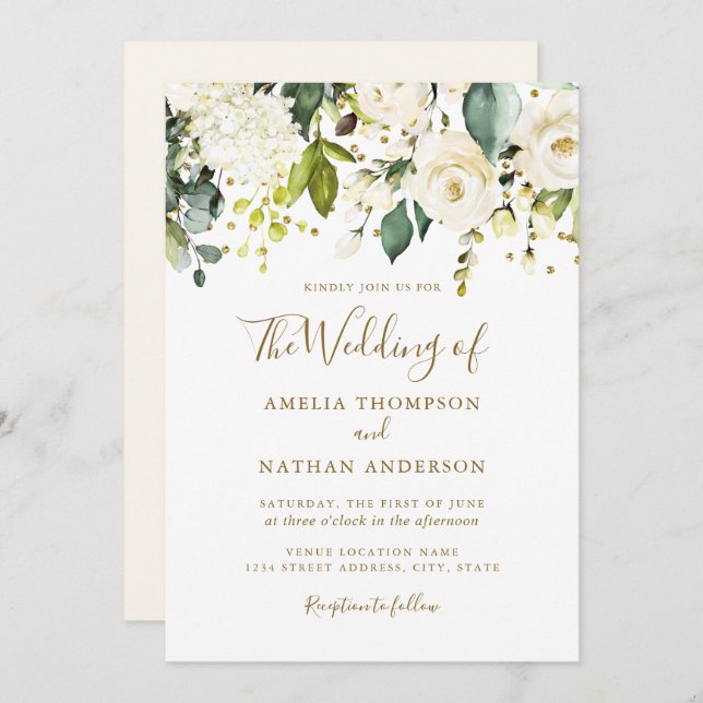 Invitación Boda de Confetti de oro blanco floral (Anverso / Reverso)