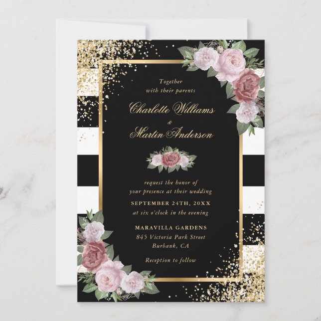 Invitación Boda de confetti de oro blanco rosado de Rubor (Anverso)