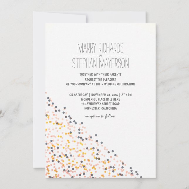 Invitación boda de confetti dorado rosa y marinero moderno (Anverso)