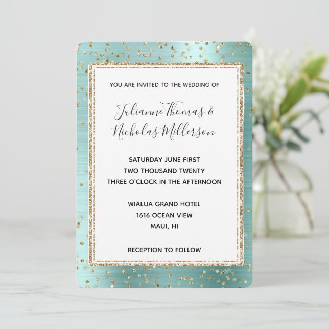 Invitación Boda de Confetti Mint Glam Gold Sparkle (Anverso de pie)