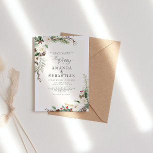 Invitación Boda de cono de pino blanco floral berries en invi