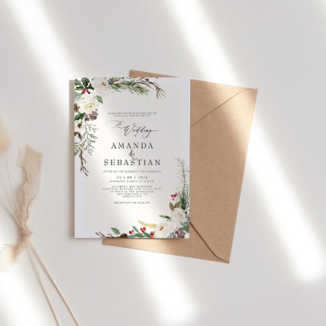 Invitación Boda de cono de pino blanco floral berries en invi (Subido por el creador)