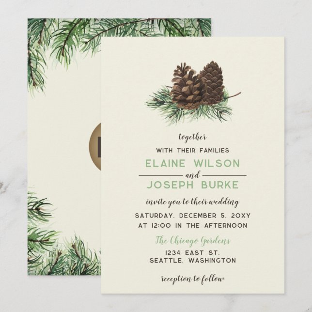 Invitación Boda de Cono de Pino de la Selva de Invierno Rusa (Anverso / Reverso)
