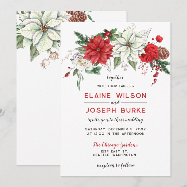 Invitación Boda de cono de pino de poinsettia rusa (Anverso / Reverso)