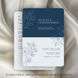 Invitación Boda de contorno de follaje azul mínimo en uno