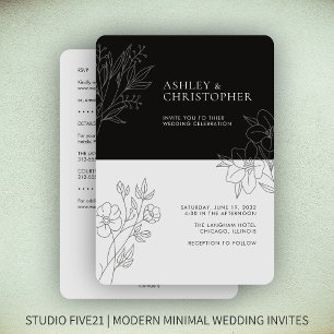 Invitación Boda de contorno de follaje negro mínimo todo en u