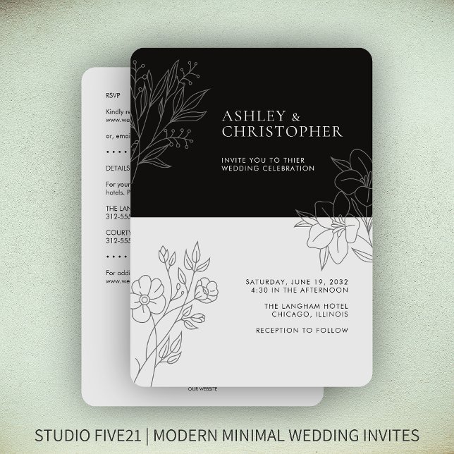 Invitación Boda de contorno de follaje negro mínimo todo en u (Subido por el creador)